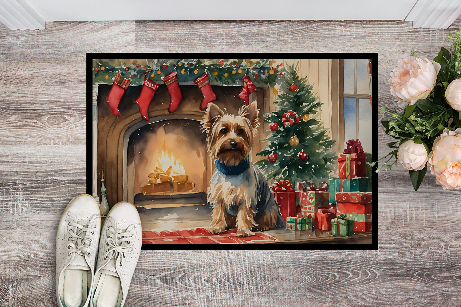 Silky Terrier Cozy Christmas Doormat Indoor Outdoor 18H X 27W Front Door Mat Rugs for Entryway, Non Slip Washable