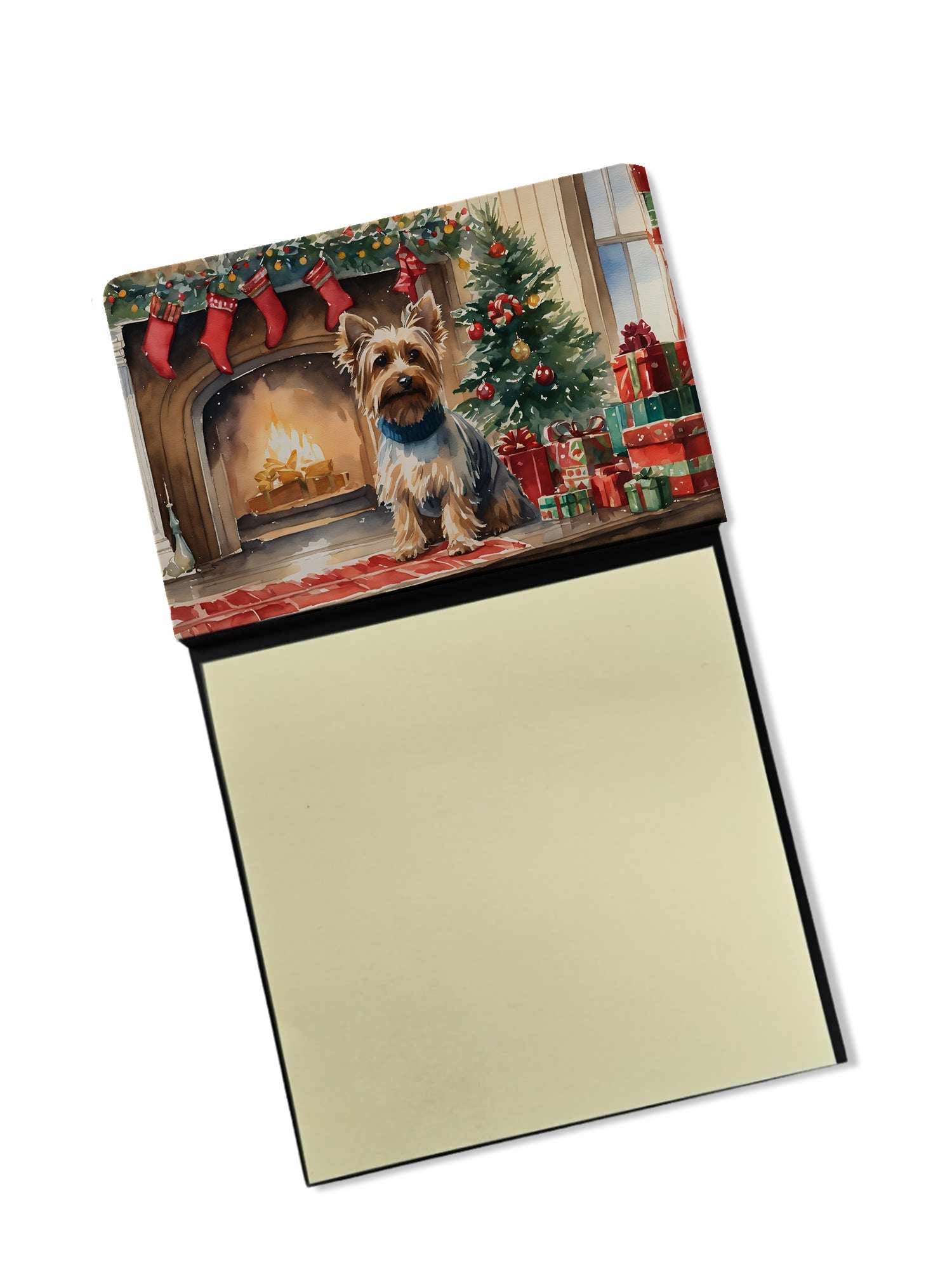 Silky Terrier Cozy Christmas Watercolor Sticky Note Holder Refillable Dispenser Desk Accessory 3x3 Pad Gift