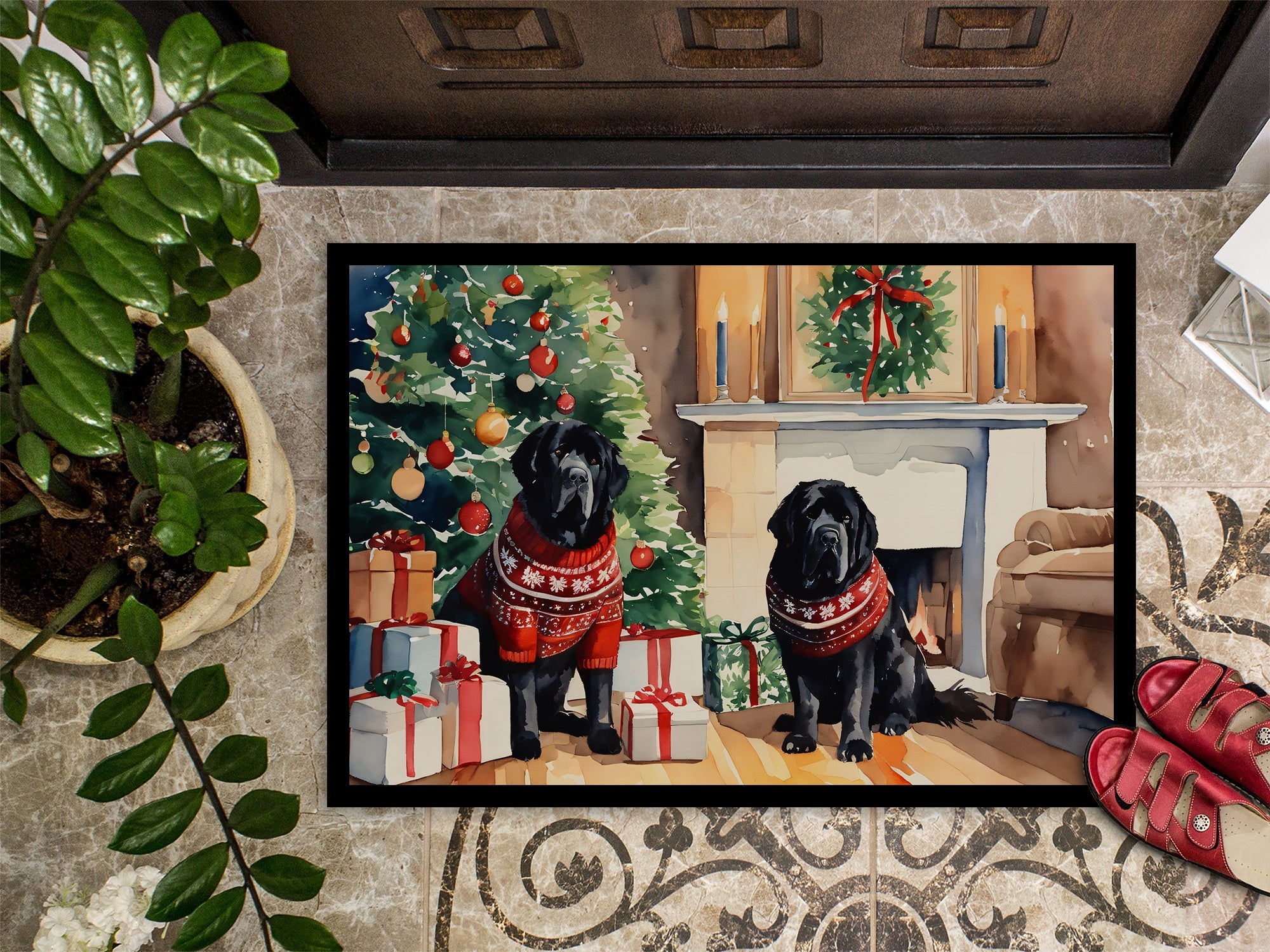 Tibetan Mastiff Cozy Christmas Doormat Indoor Outdoor 24H X 36W Front Door Mat Rugs for Entryway, Non Slip Washable Low Pile,