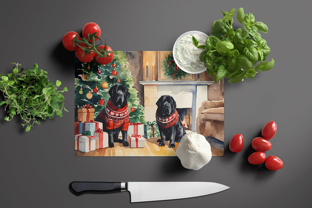 Tibetan Mastiff Cozy Christmas Cutting Board Tempered Glass Kitchen Cutting Surface, Heat Resistant Chopping, Non-Slip Feet, Food Prep & Serving
