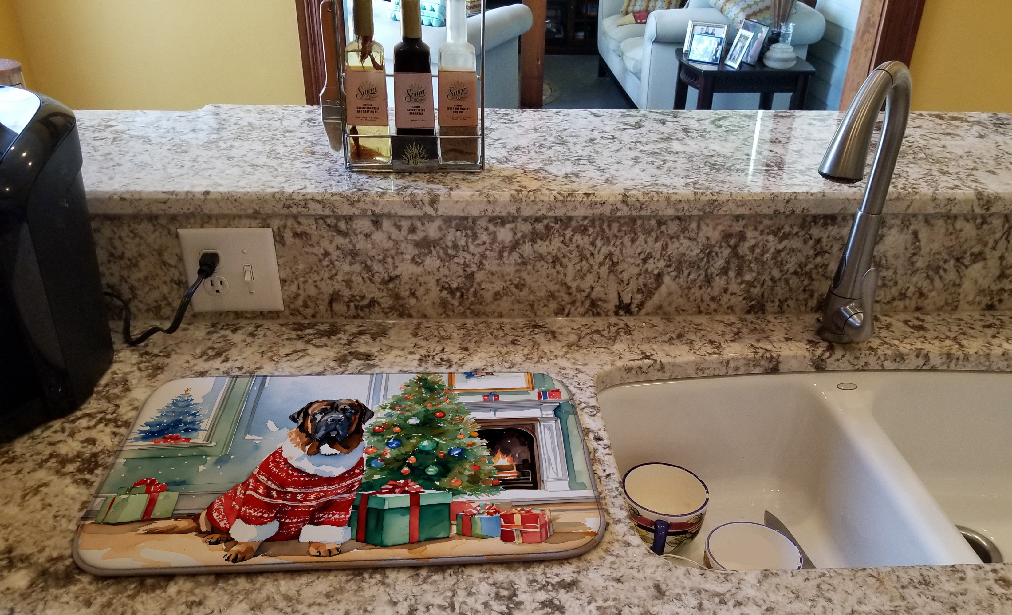 Tibetan Mastiff Cozy Christmas Dish Drying Mat Absorbent Dish Drying Mat Pad for Kitchen Counter Dish Drainer Mat for Countertop, 14 x 21", Multicolor