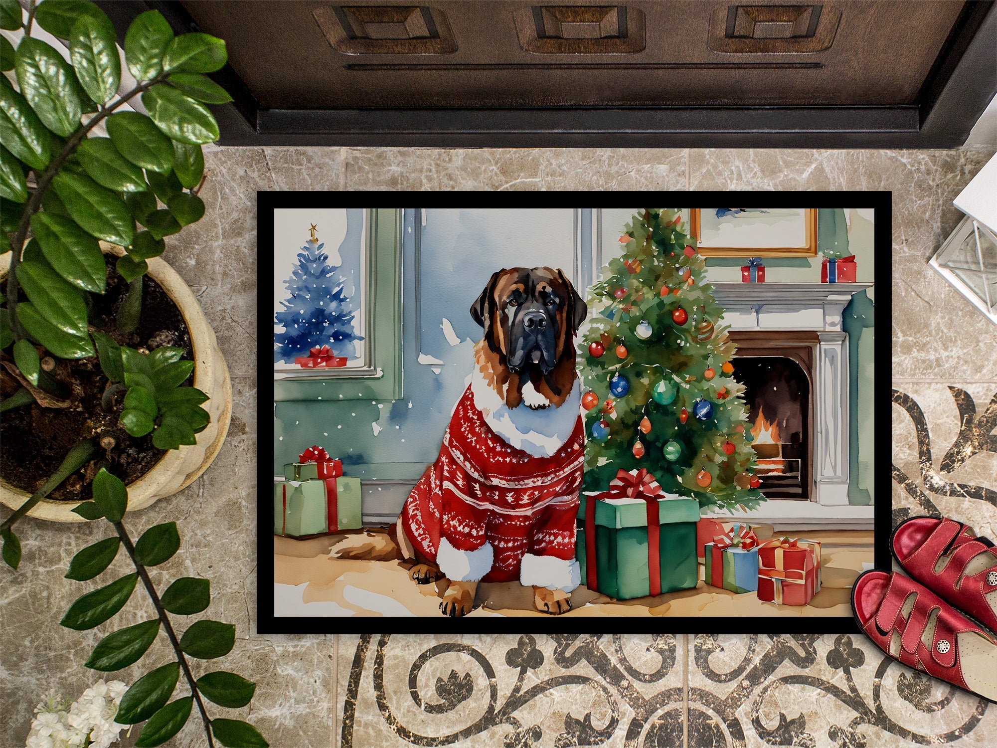 Tibetan Mastiff Cozy Christmas Doormat Indoor Outdoor 24H X 36W Front Door Mat Rugs for Entryway, Non Slip Washable Low Pile,
