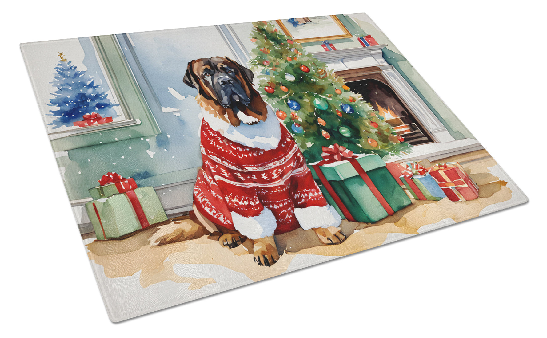 Tibetan Mastiff Cozy Christmas Cutting Board Tempered Glass Kitchen Cutting Surface, Heat Resistant Chopping, Non-Slip Feet, Food Prep & Serving