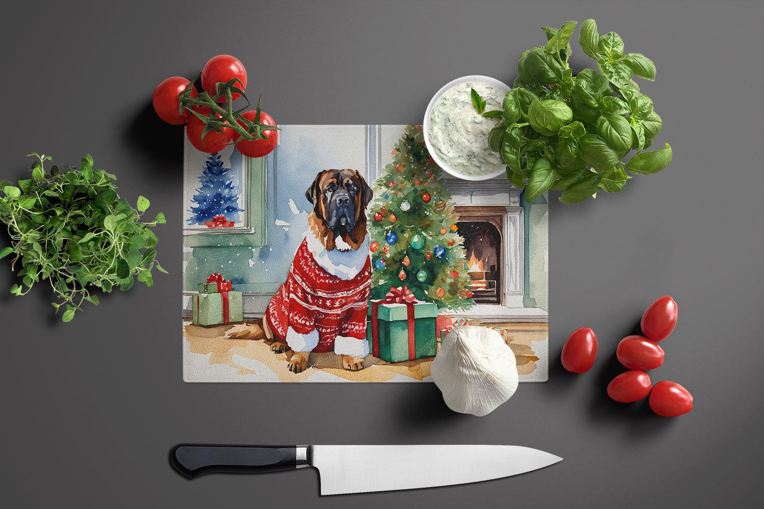 Tibetan Mastiff Cozy Christmas Cutting Board Tempered Glass Kitchen Cutting Surface, Heat Resistant Chopping, Non-Slip Feet, Food Prep & Serving