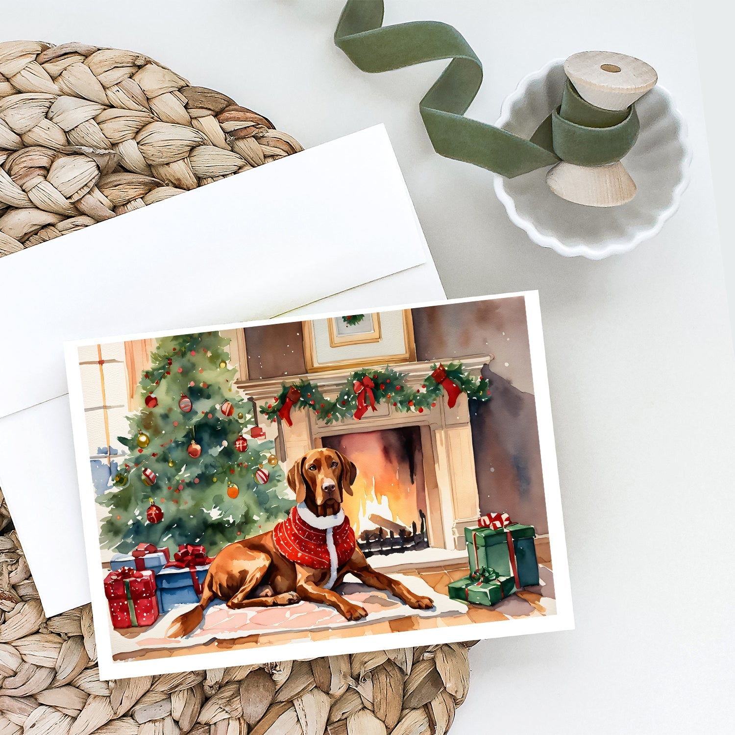 Vizsla Cozy Christmas Greeting Cards Pack of 8 Blank Cards with Envelopes Whimsical A7 Size 5x7