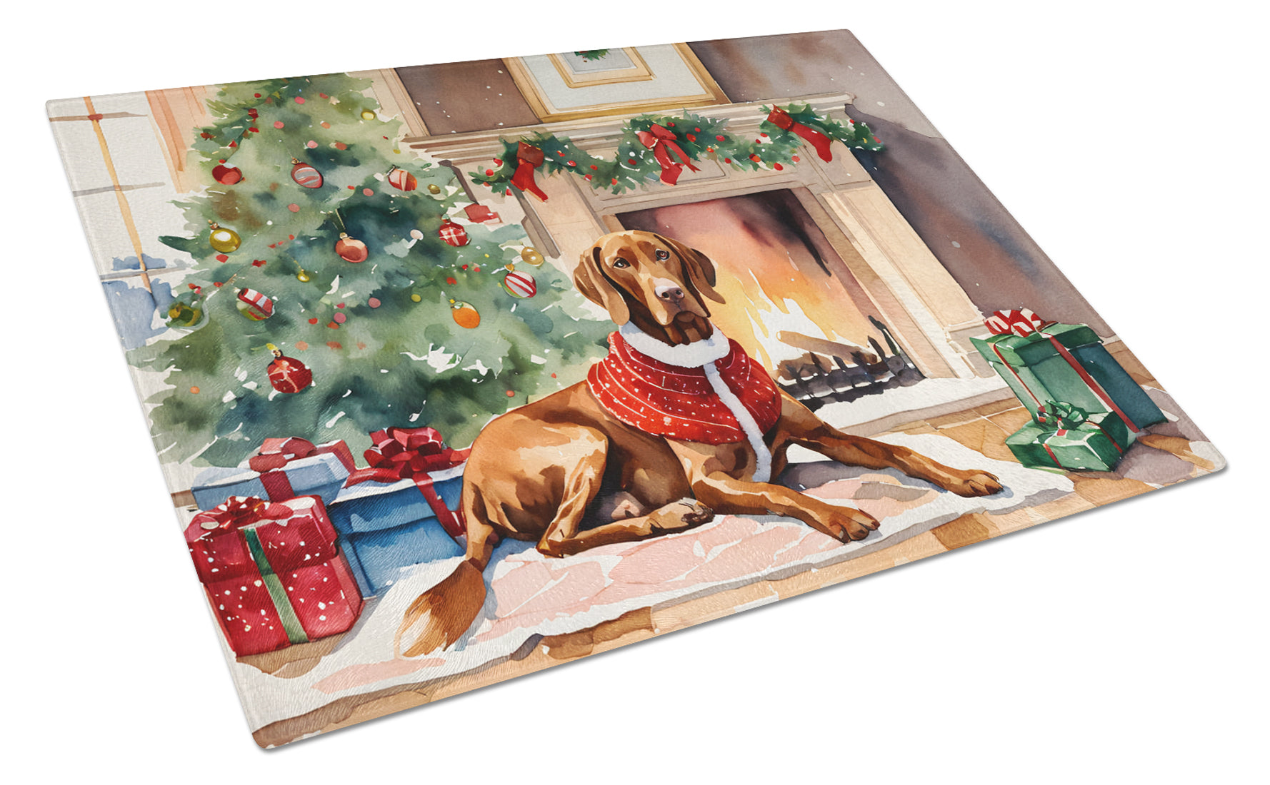 Vizsla Cozy Christmas Cutting Board Tempered Glass Kitchen Cutting Surface, Heat Resistant Chopping, Non-Slip Feet, Food Prep & Serving