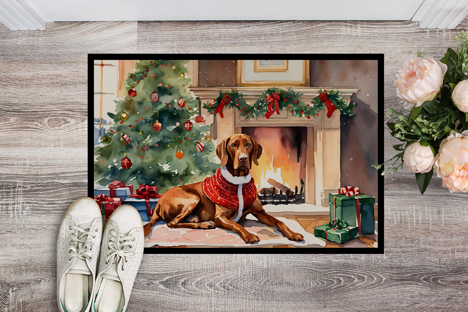 Vizsla Cozy Christmas Doormat Indoor Outdoor 18H X 27W Front Door Mat Rugs for Entryway, Non Slip Washable
