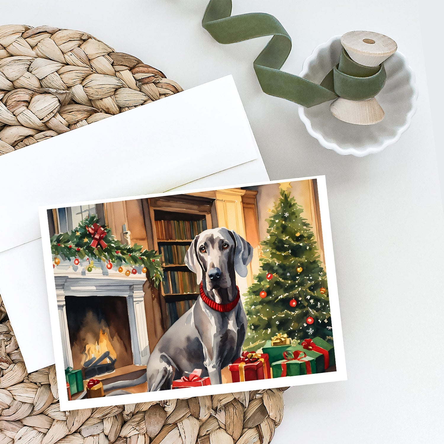 Weimaraner Cozy Christmas Greeting Cards Pack of 8 Blank Cards with Envelopes Whimsical A7 Size 5x7