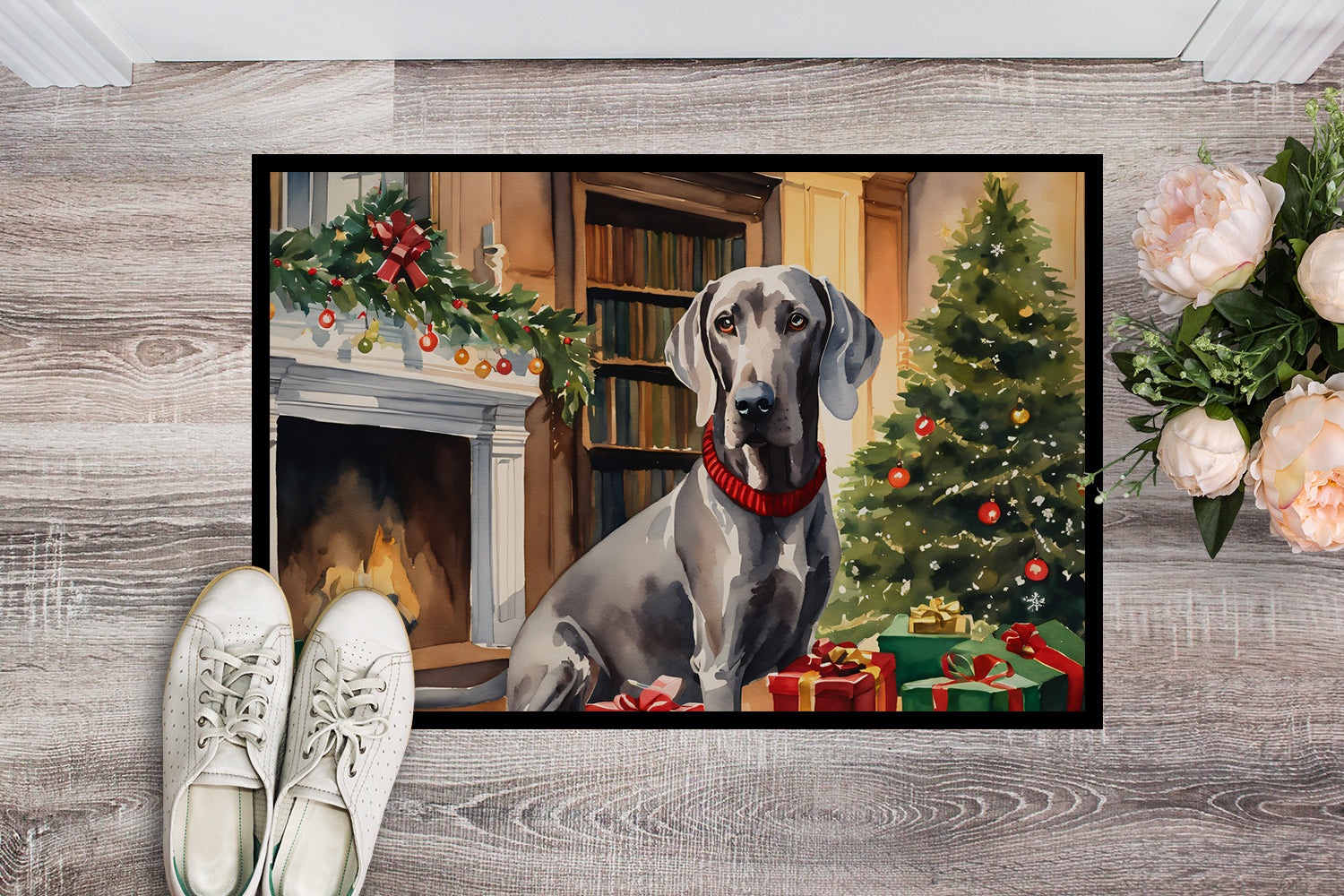 Weimaraner Cozy Christmas Doormat Indoor Outdoor 24H X 36W Front Door Mat Rugs for Entryway, Non Slip Washable Low Pile,