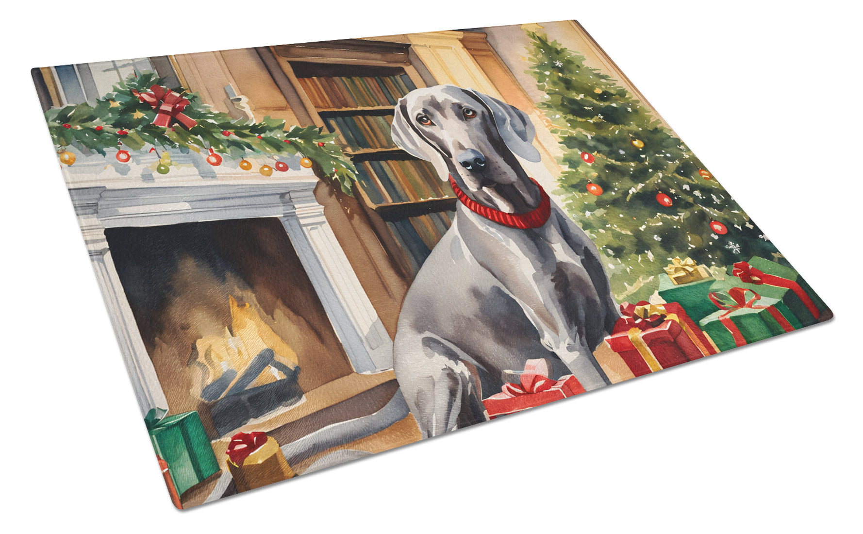 Weimaraner Cozy Christmas Cutting Board Tempered Glass Kitchen Cutting Surface, Heat Resistant Chopping, Non-Slip Feet, Food Prep & Serving
