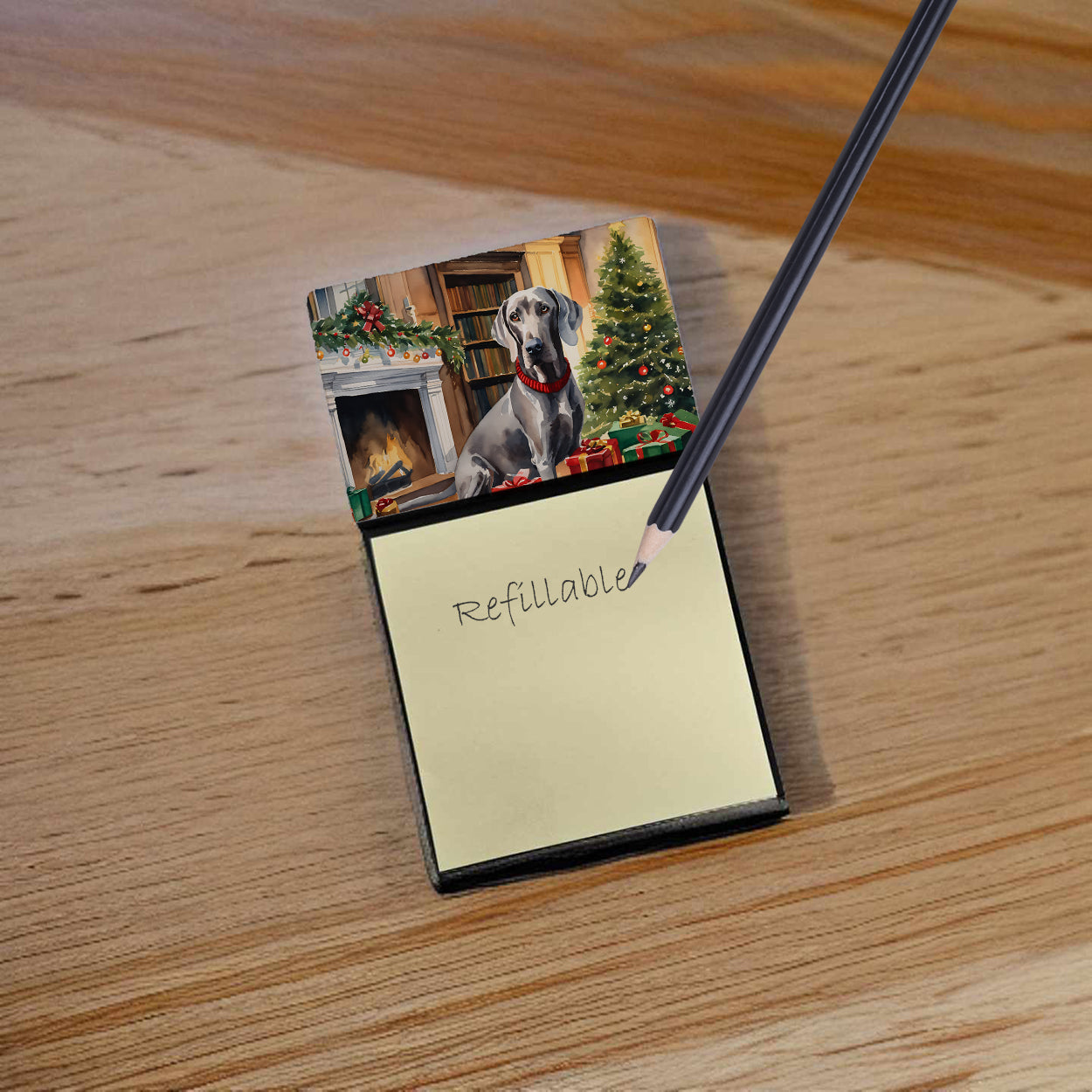 Weimaraner Cozy Christmas Watercolor Sticky Note Holder Refillable Dispenser Desk Accessory 3x3 Pad Gift