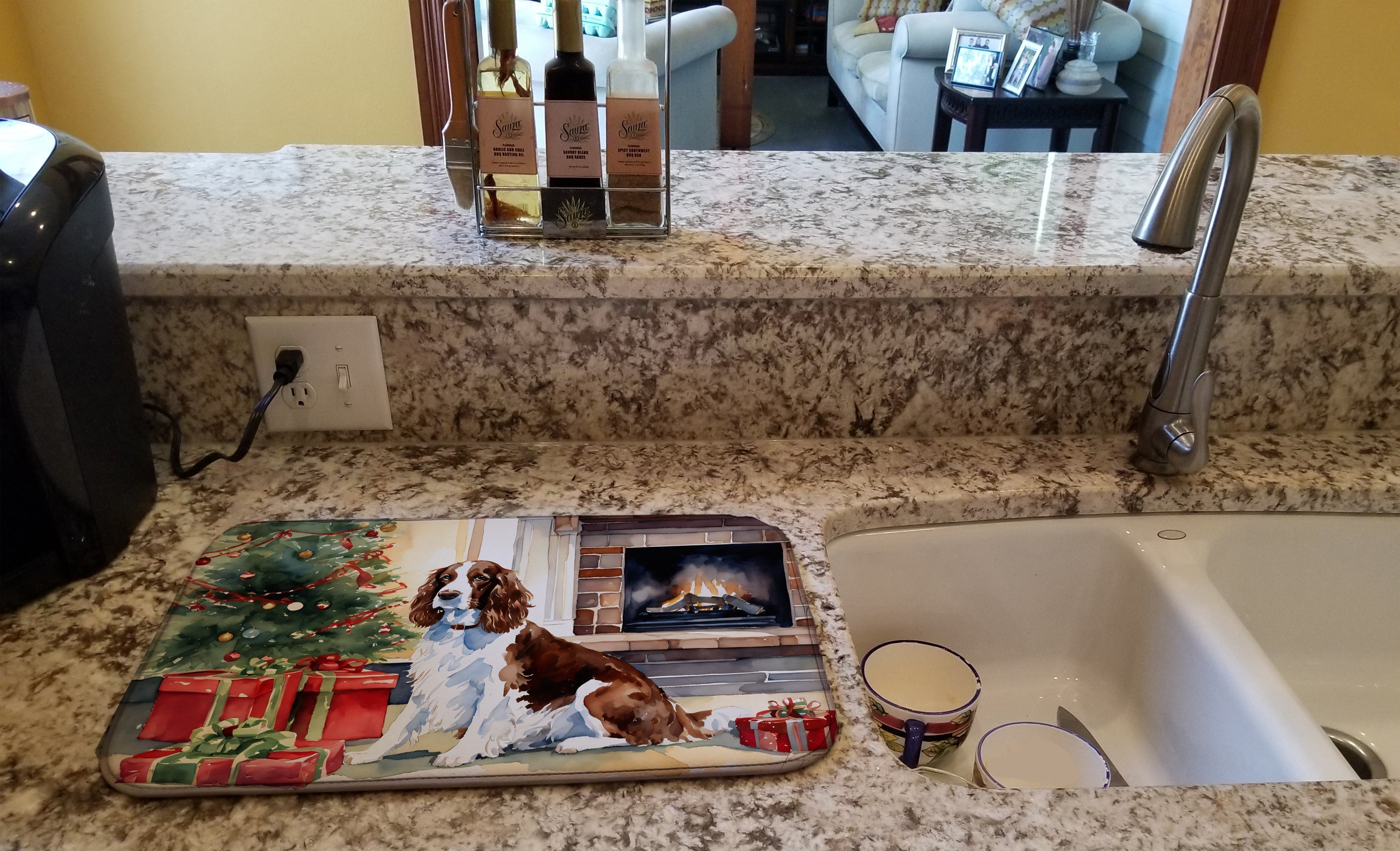 Welsh Springer Spaniel Cozy Christmas Dish Drying Mat Absorbent Dish Drying Mat Pad for Kitchen Counter Dish Drainer Mat for Countertop, 14 x 21", Multicolor