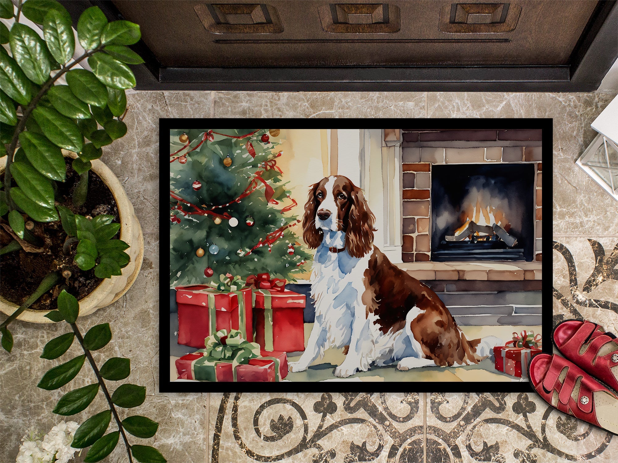 Welsh Springer Spaniel Cozy Christmas Doormat Indoor Outdoor 24H X 36W Front Door Mat Rugs for Entryway, Non Slip Washable Low Pile,