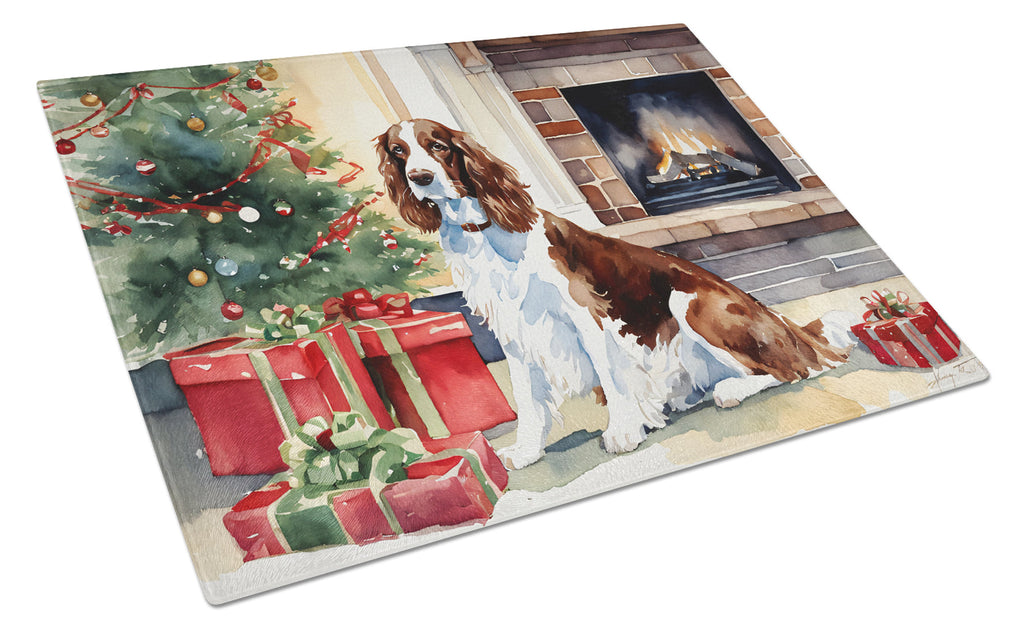 Welsh Springer Spaniel Cozy Christmas Cutting Board Tempered Glass Kitchen Cutting Surface, Heat Resistant Chopping, Non-Slip Feet, Food Prep & Serving