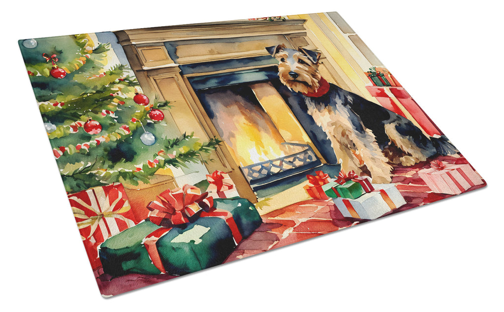 Welsh Terrier Cozy Christmas Cutting Board Tempered Glass Kitchen Cutting Surface, Heat Resistant Chopping, Non-Slip Feet, Food Prep & Serving