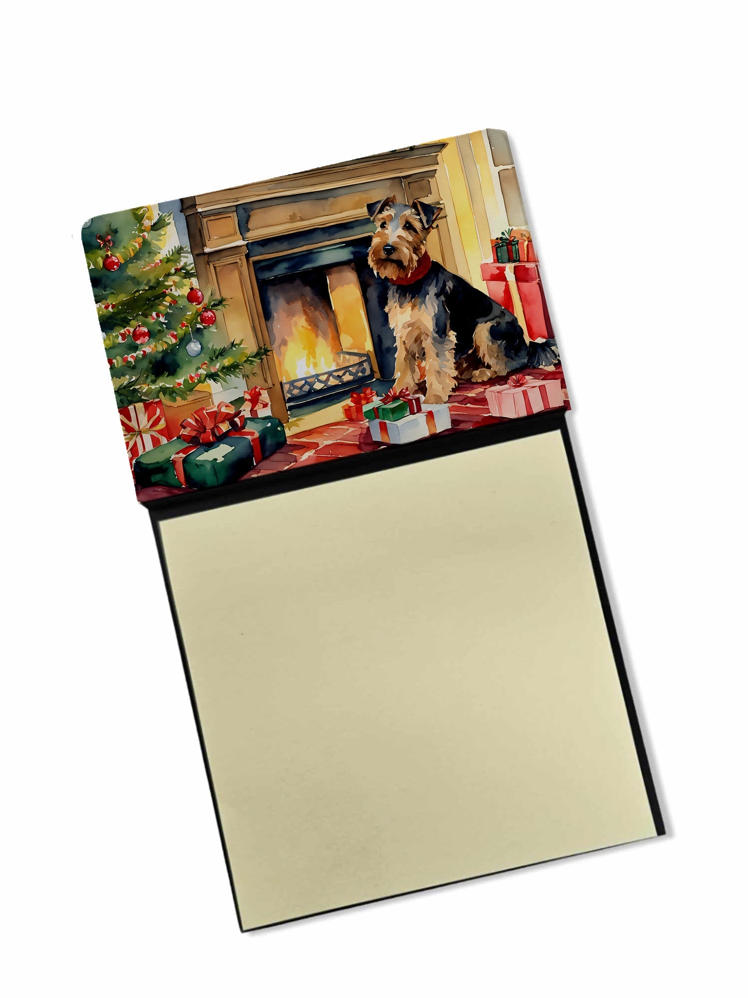 Welsh Terrier Cozy Christmas Watercolor Sticky Note Holder Refillable Dispenser Desk Accessory 3x3 Pad Gift