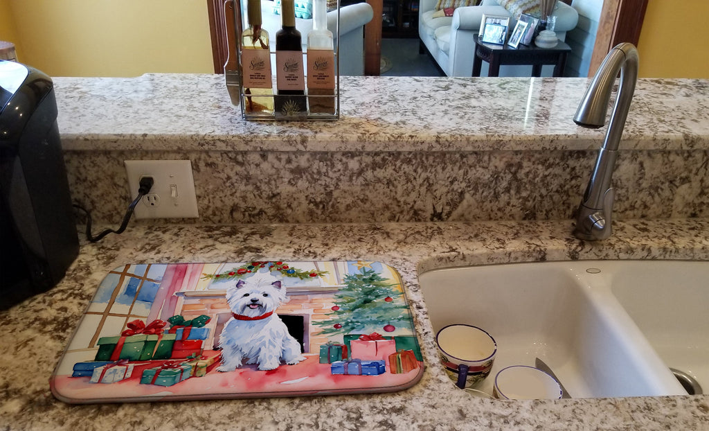 Westie Cozy Christmas Dish Drying Mat Absorbent Dish Drying Mat Pad for Kitchen Counter Dish Drainer Mat for Countertop, 14 x 21", Multicolor