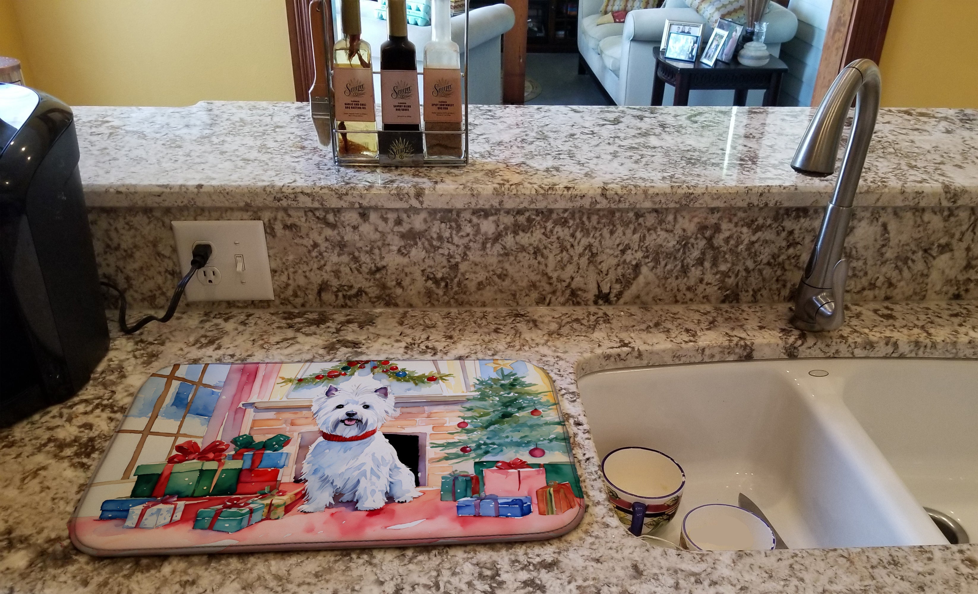 Westie Cozy Christmas Dish Drying Mat Absorbent Dish Drying Mat Pad for Kitchen Counter Dish Drainer Mat for Countertop, 14 x 21", Multicolor