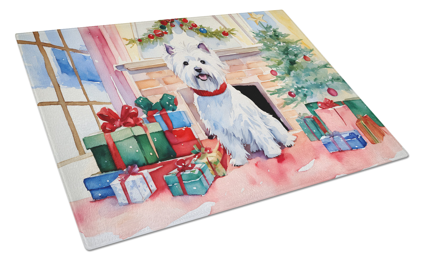 Westie Cozy Christmas Cutting Board Tempered Glass Kitchen Cutting Surface, Heat Resistant Chopping, Non-Slip Feet, Food Prep & Serving