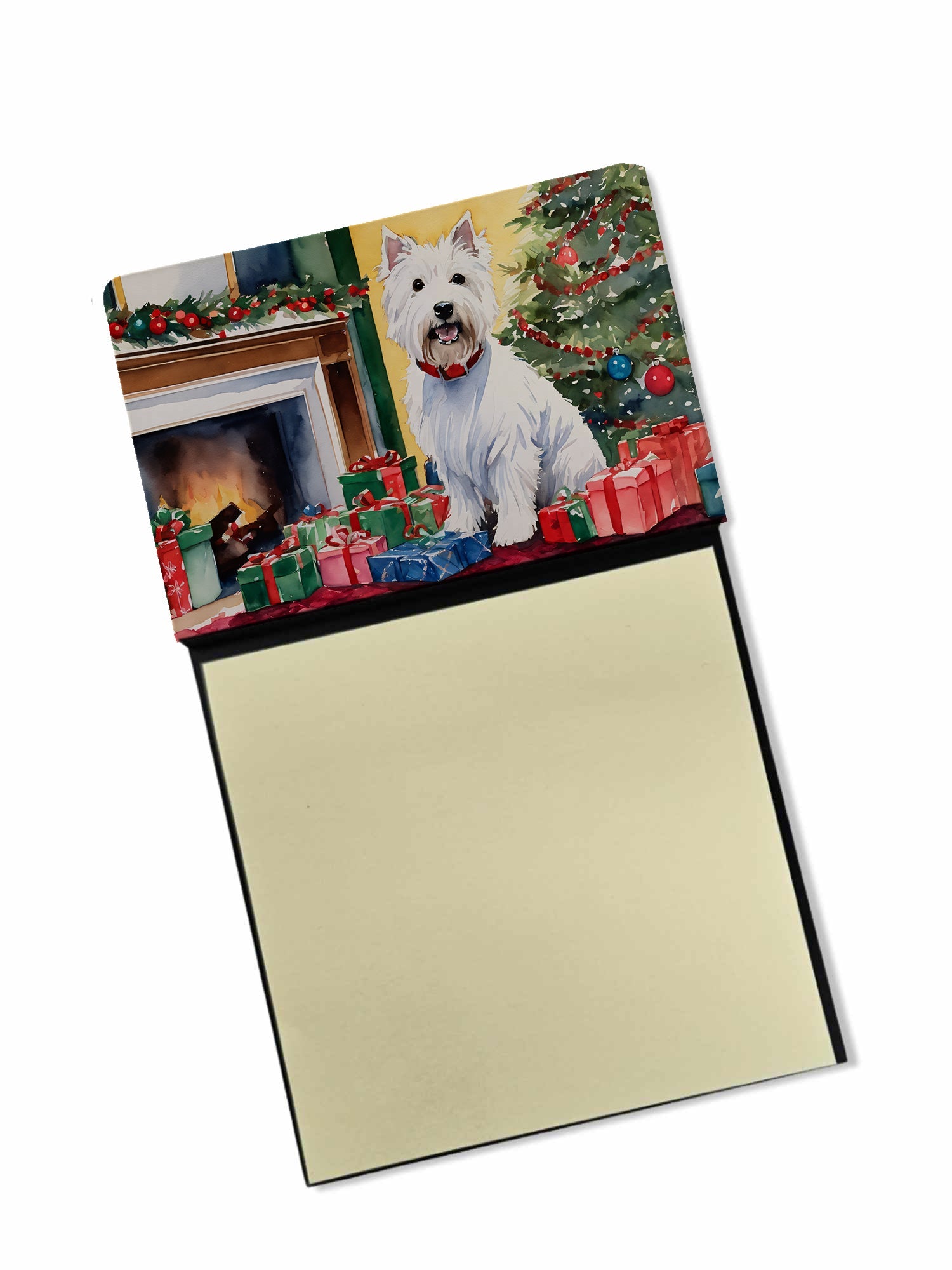 Westie Cozy Christmas Watercolor Sticky Note Holder Refillable Dispenser Desk Accessory 3x3 Pad Gift