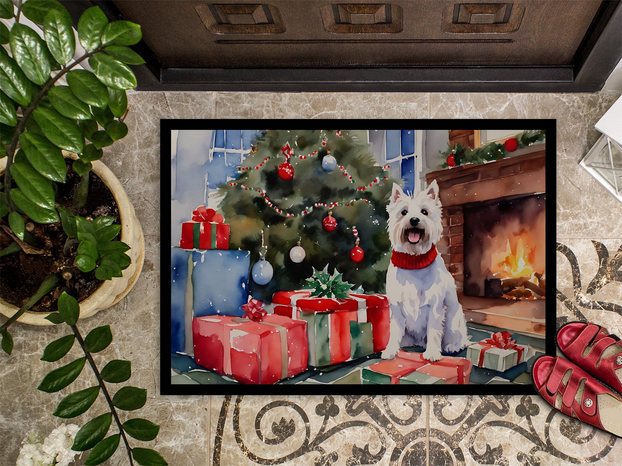 Westie Cozy Christmas Doormat Indoor Outdoor 24H X 36W Front Door Mat Rugs for Entryway, Non Slip Washable Low Pile,