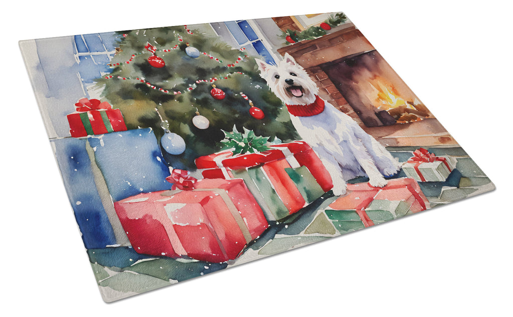 Westie Cozy Christmas Cutting Board Tempered Glass Kitchen Cutting Surface, Heat Resistant Chopping, Non-Slip Feet, Food Prep & Serving