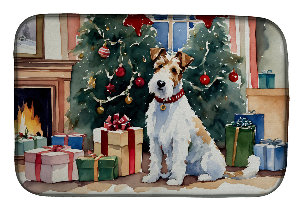 Fox Terrier Cozy Christmas Dish Drying Mat Absorbent Dish Drying Mat Pad for Kitchen Counter Dish Drainer Mat for Countertop, 14 x 21", Multicolor