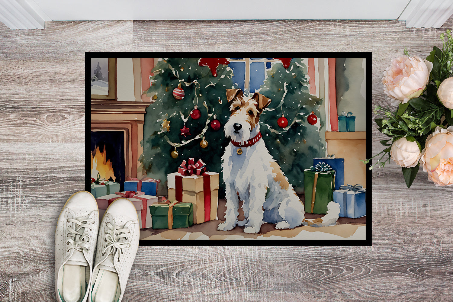 Fox Terrier Cozy Christmas Doormat Indoor Outdoor 24H X 36W Front Door Mat Rugs for Entryway, Non Slip Washable Low Pile,