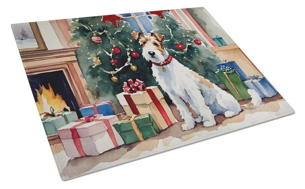 Fox Terrier Cozy Christmas Cutting Board Tempered Glass Kitchen Cutting Surface, Heat Resistant Chopping, Non-Slip Feet, Food Prep & Serving