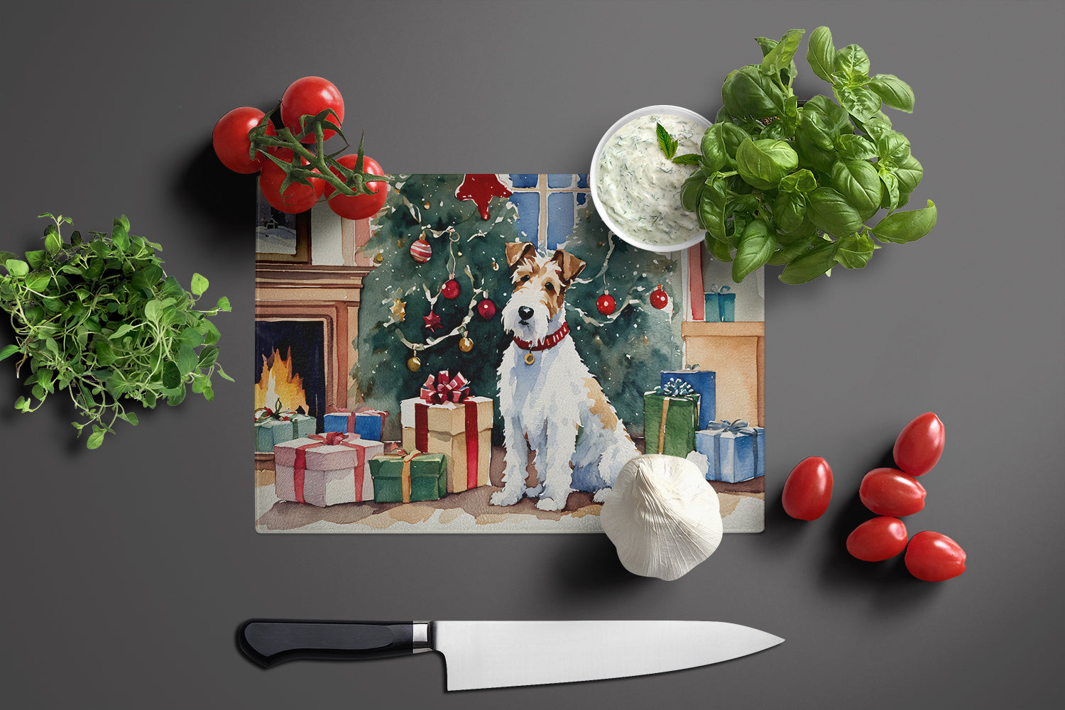 Fox Terrier Cozy Christmas Cutting Board Tempered Glass Kitchen Cutting Surface, Heat Resistant Chopping, Non-Slip Feet, Food Prep & Serving