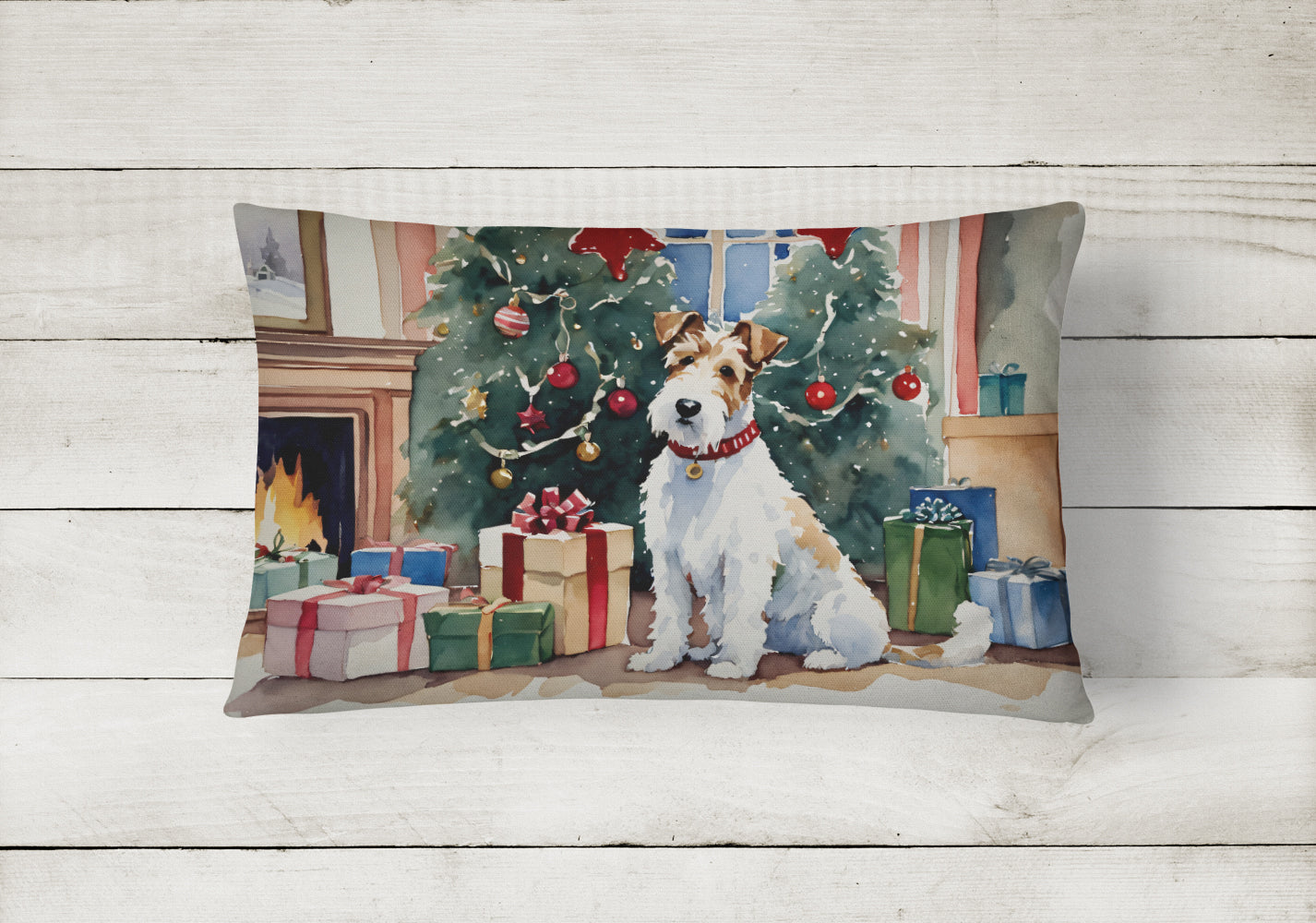 Fox Terrier Cozy Christmas Decorative Throw Pillow 12x16 Indoor Outdoor Accent Cushion, Fabric Cover with Insert for Sofa, Bed, Porch & Living Room