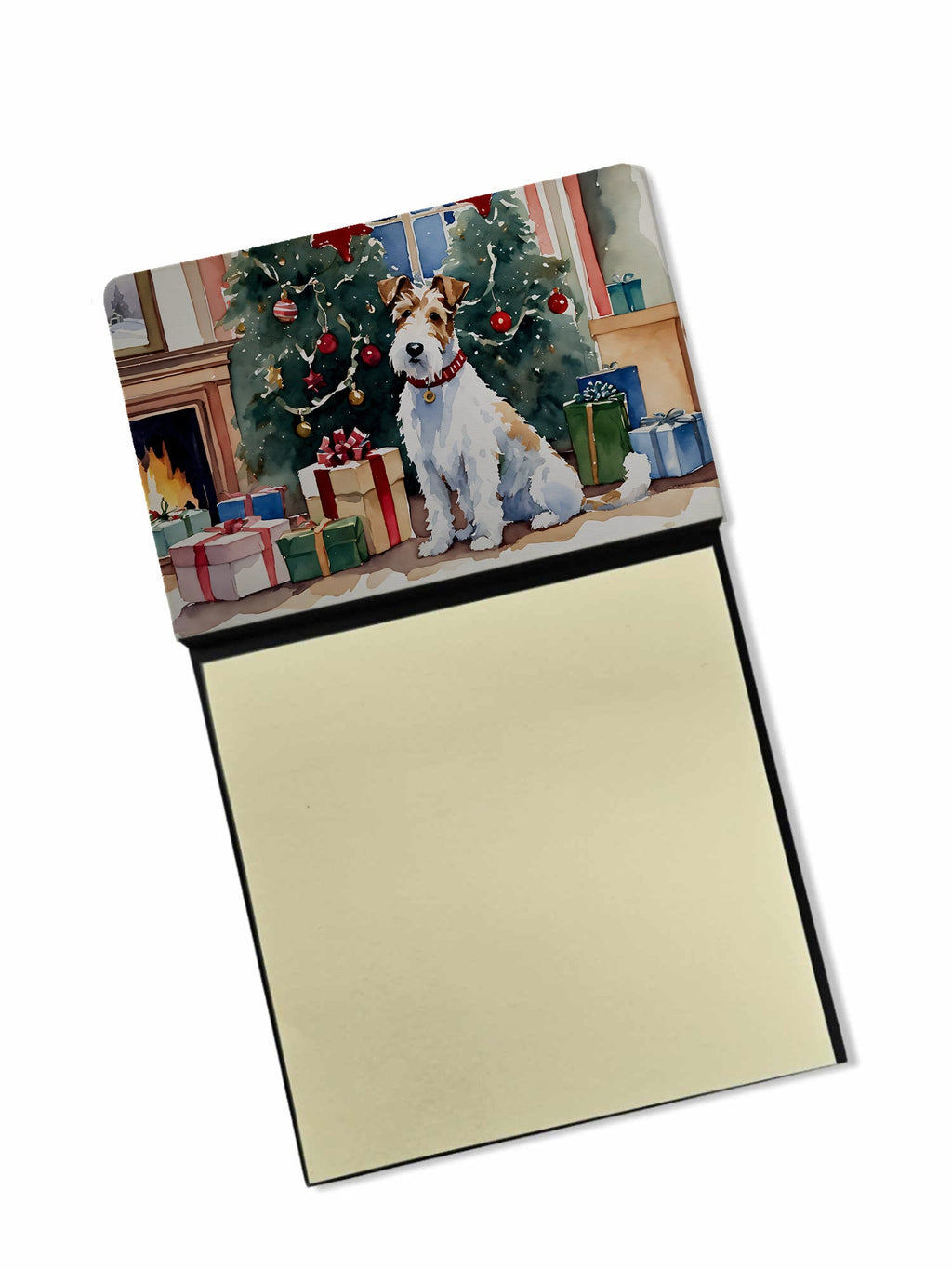 Fox Terrier Cozy Christmas Watercolor Sticky Note Holder Refillable Dispenser Desk Accessory 3x3 Pad Gift