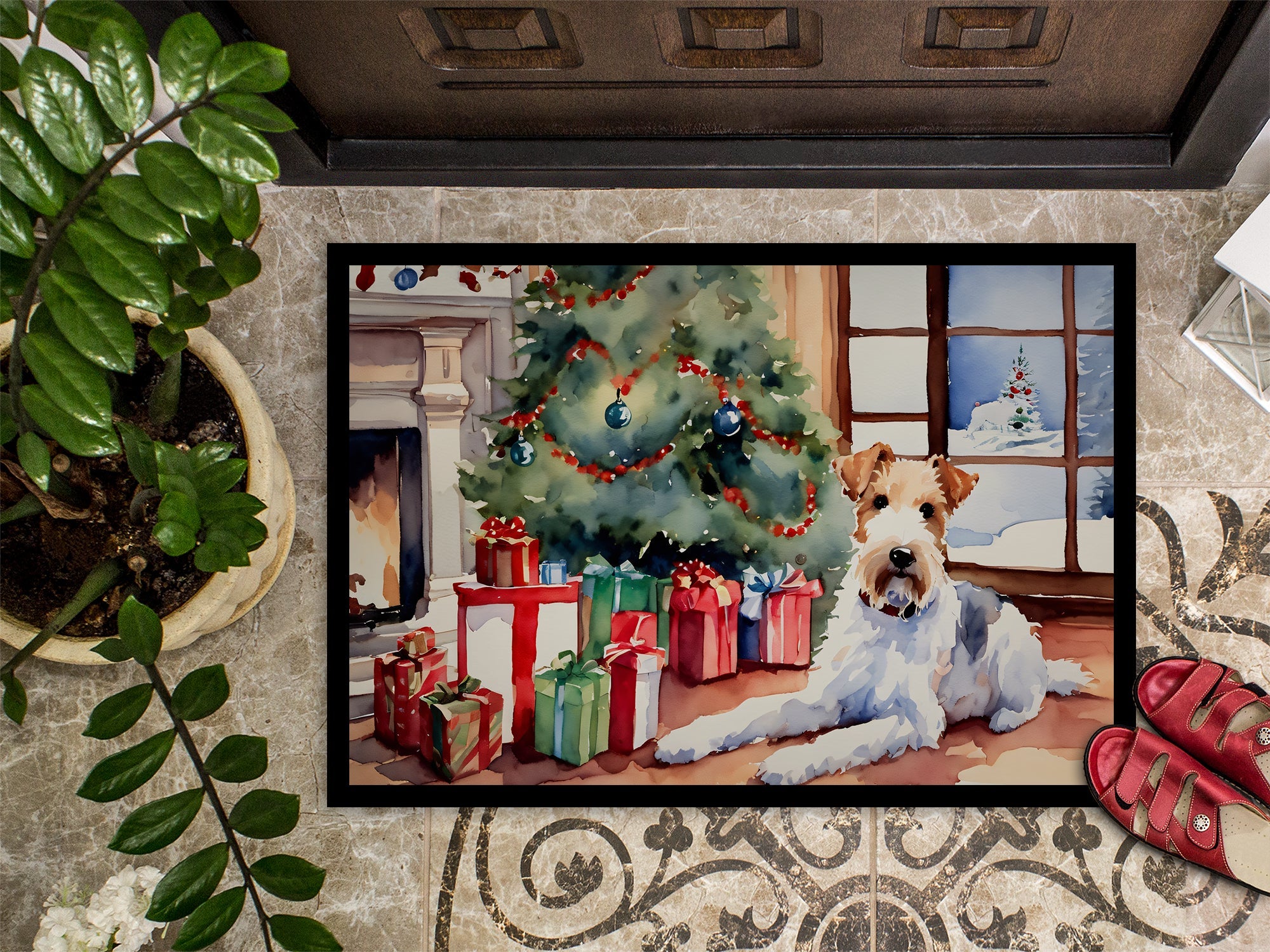 Fox Terrier Cozy Christmas Doormat Indoor Outdoor 24H X 36W Front Door Mat Rugs for Entryway, Non Slip Washable Low Pile,