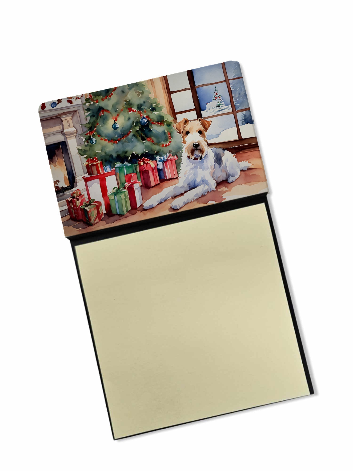Fox Terrier Cozy Christmas Watercolor Sticky Note Holder Refillable Dispenser Desk Accessory 3x3 Pad Gift