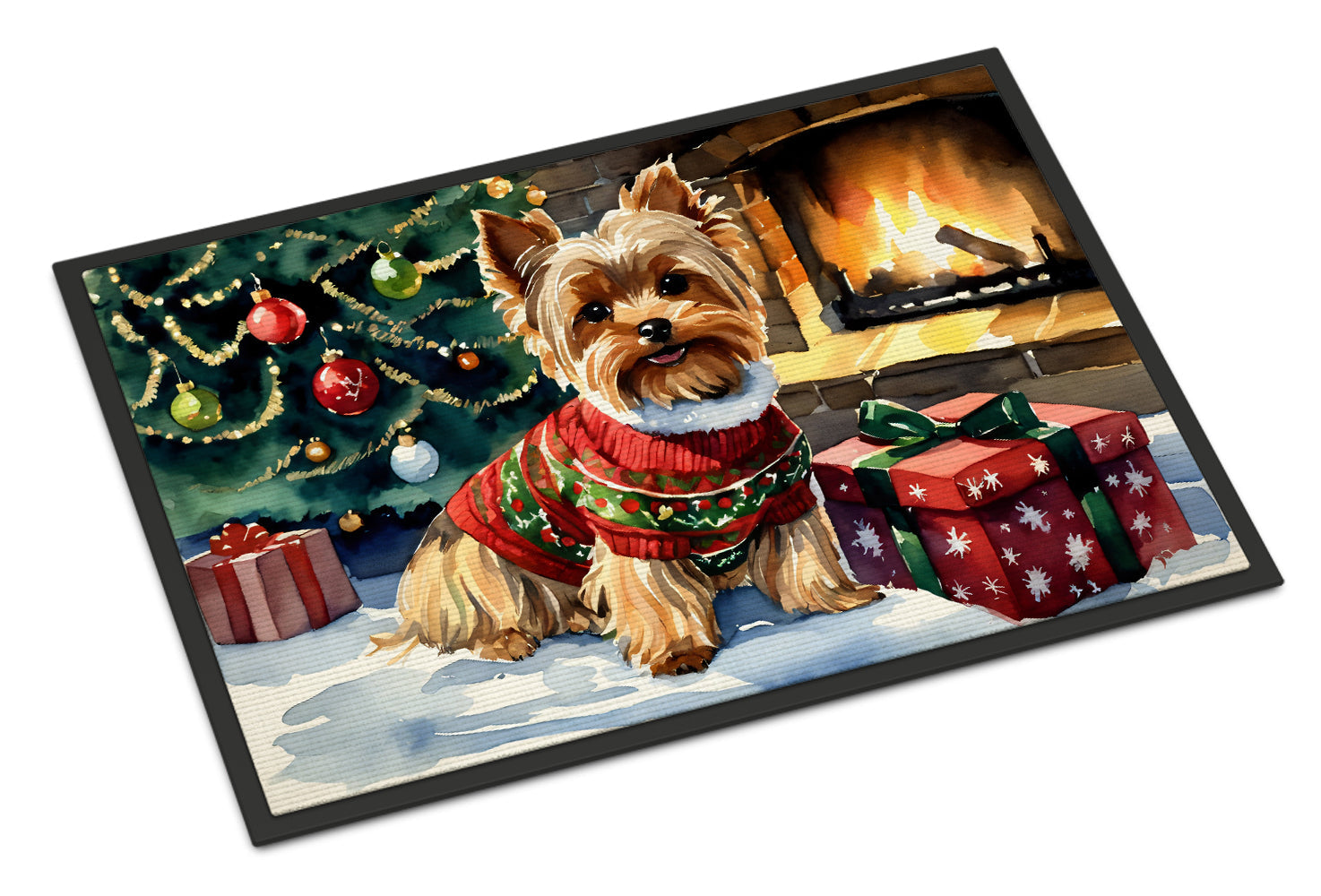 Yorkshire Terrier Cozy Christmas Doormat Indoor Outdoor 24H X 36W Front Door Mat Rugs for Entryway, Non Slip Washable Low Pile,