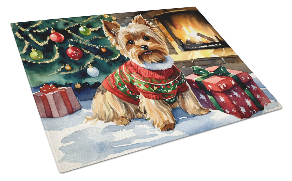 Yorkshire Terrier Cozy Christmas Cutting Board Tempered Glass Kitchen Cutting Surface, Heat Resistant Chopping, Non-Slip Feet, Food Prep & Serving
