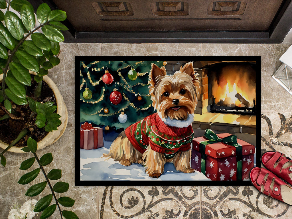 Yorkshire Terrier Cozy Christmas Doormat Indoor Outdoor 18H X 27W Front Door Mat Rugs for Entryway, Non Slip Washable