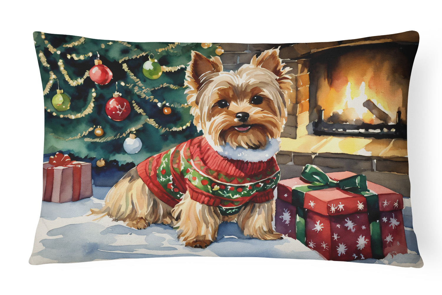 Yorkshire Terrier Cozy Christmas Decorative Throw Pillow 12x16 Indoor Outdoor Accent Cushion, Fabric Cover with Insert for Sofa, Bed, Porch & Living Room