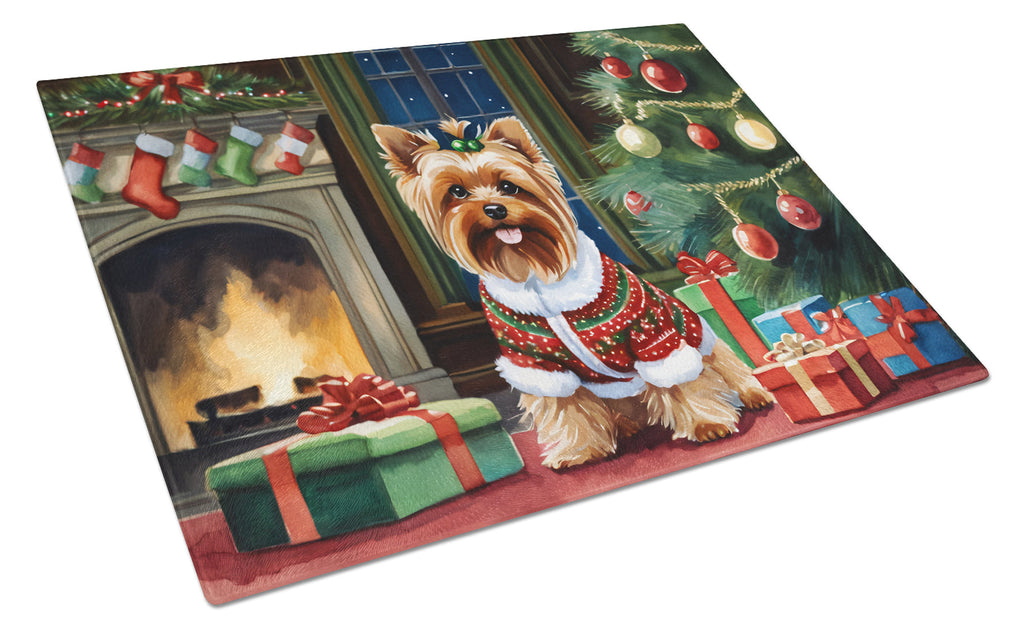 Yorkshire Terrier Cozy Christmas Cutting Board Tempered Glass Kitchen Cutting Surface, Heat Resistant Chopping, Non-Slip Feet, Food Prep & Serving