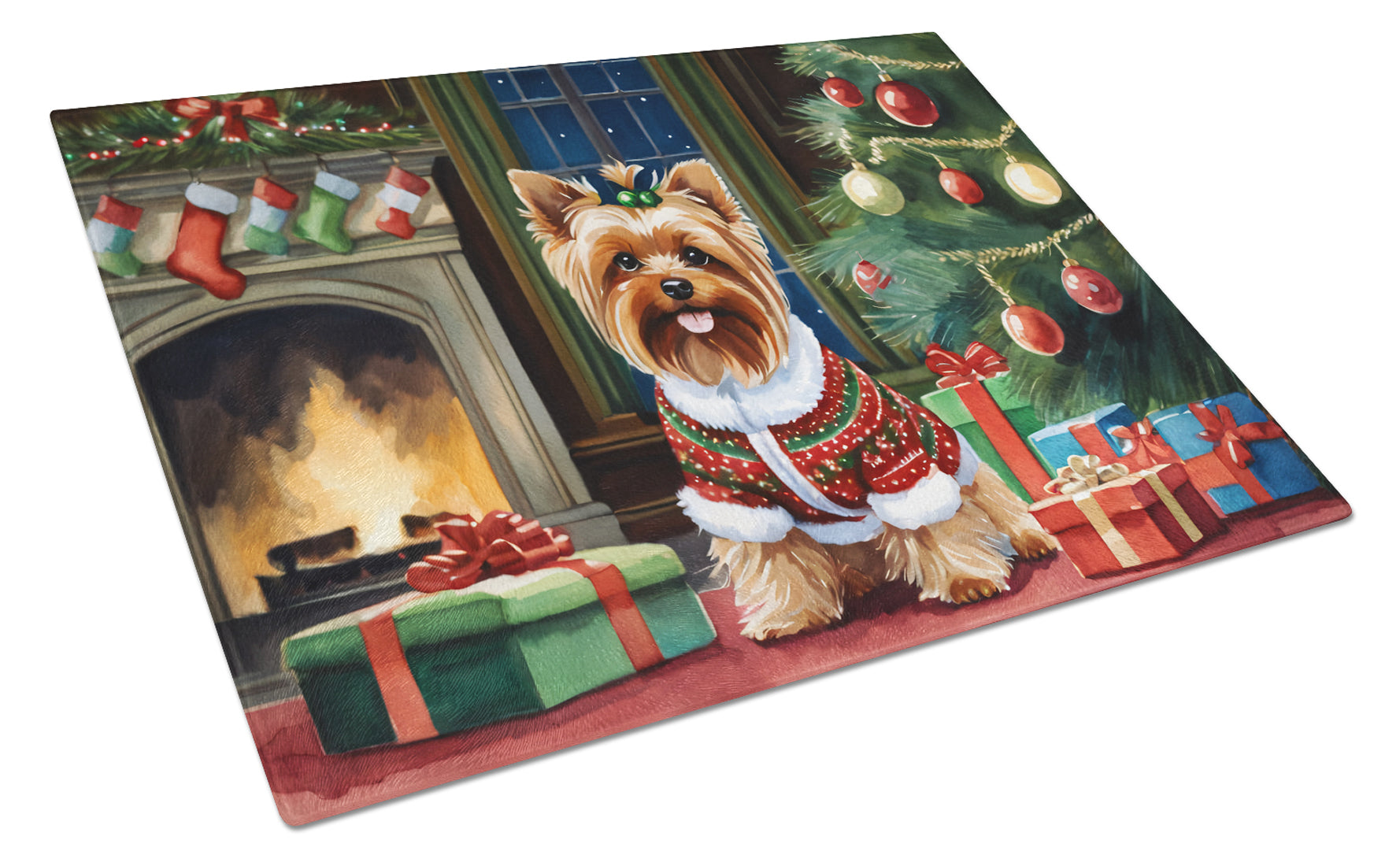 Yorkshire Terrier Cozy Christmas Cutting Board Tempered Glass Kitchen Cutting Surface, Heat Resistant Chopping, Non-Slip Feet, Food Prep & Serving
