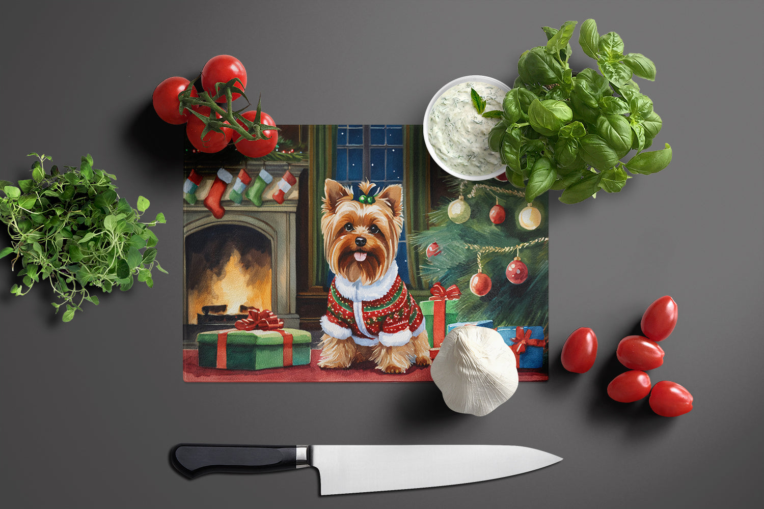 Yorkshire Terrier Cozy Christmas Cutting Board Tempered Glass Kitchen Cutting Surface, Heat Resistant Chopping, Non-Slip Feet, Food Prep & Serving