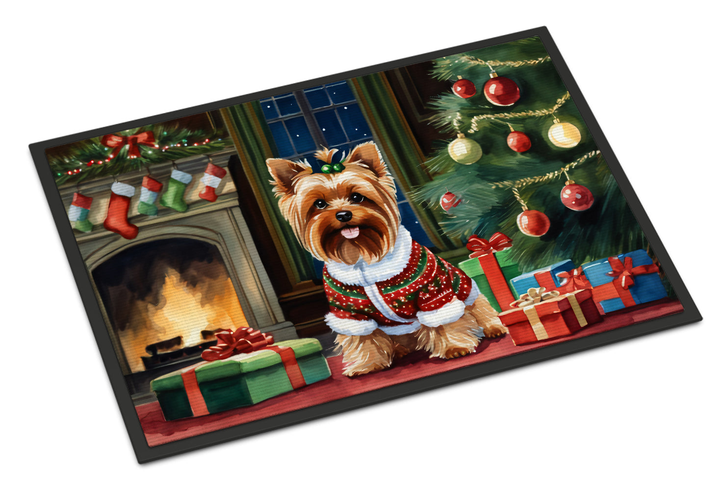 Yorkshire Terrier Cozy Christmas Doormat Indoor Outdoor 18H X 27W Front Door Mat Rugs for Entryway, Non Slip Washable