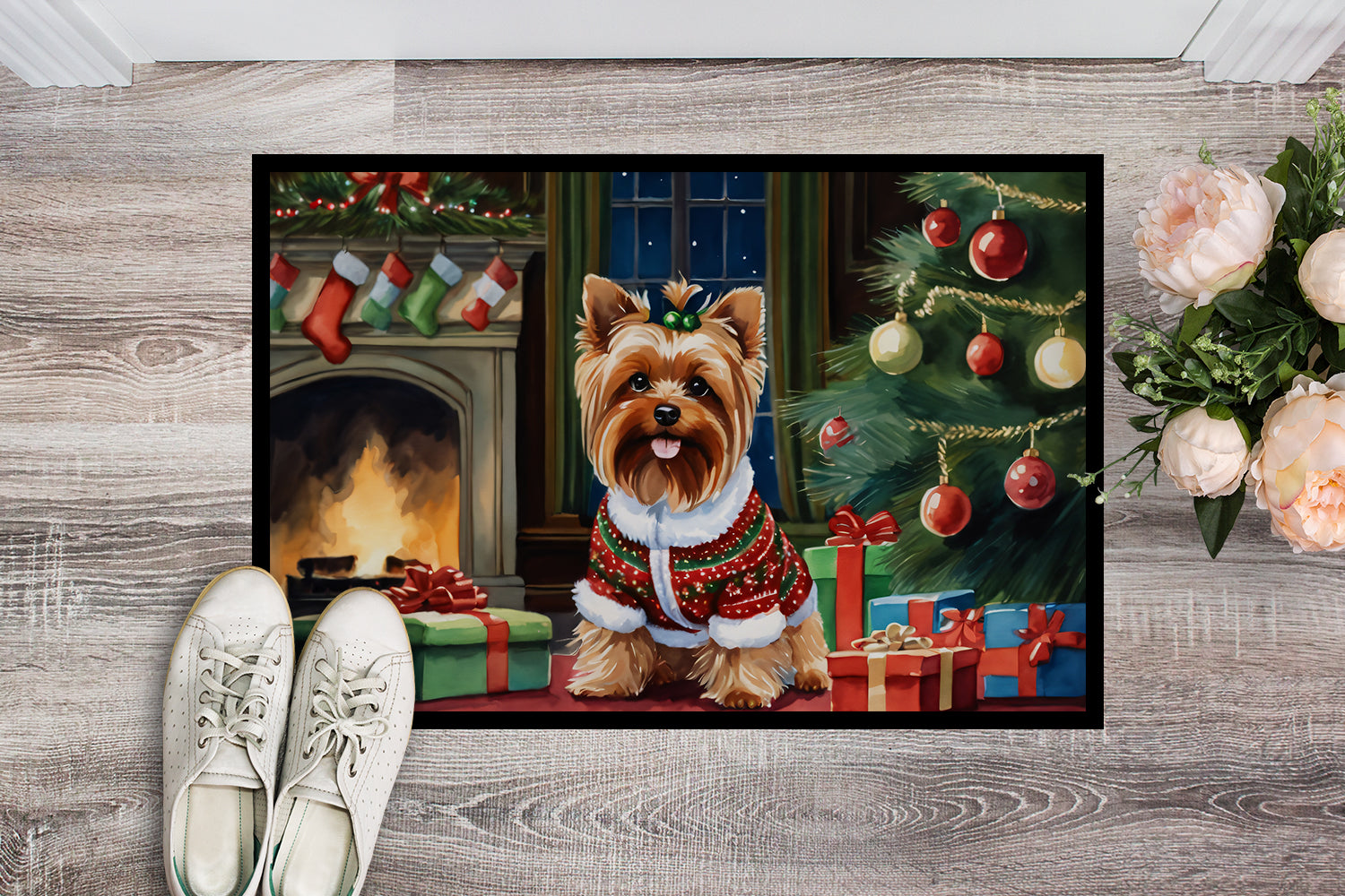 Yorkshire Terrier Cozy Christmas Doormat Indoor Outdoor 18H X 27W Front Door Mat Rugs for Entryway, Non Slip Washable