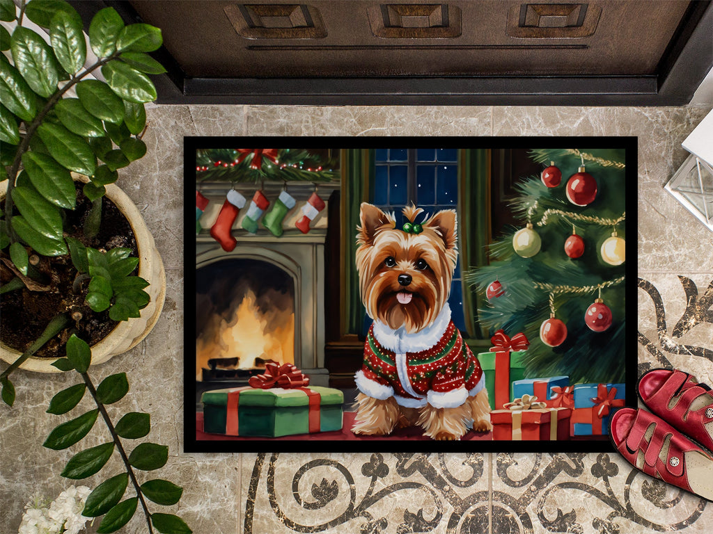 Yorkshire Terrier Cozy Christmas Doormat Indoor Outdoor 18H X 27W Front Door Mat Rugs for Entryway, Non Slip Washable