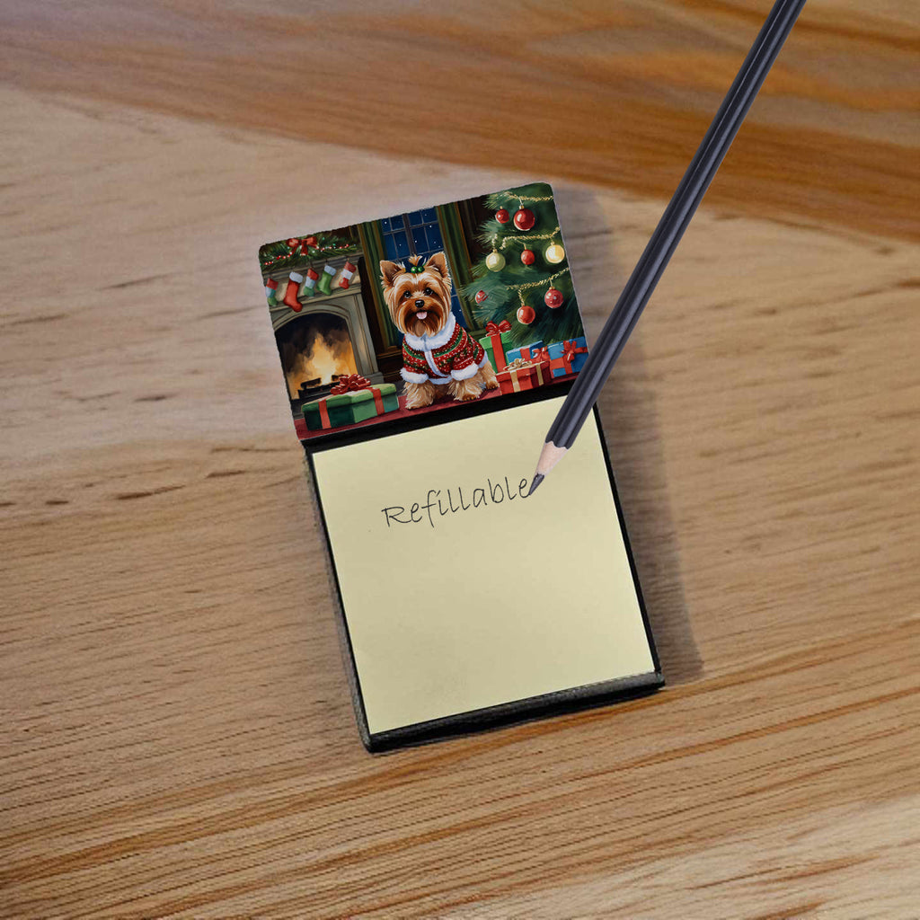 Yorkshire Terrier Cozy Christmas Watercolor Sticky Note Holder Refillable Dispenser Desk Accessory 3x3 Pad Gift