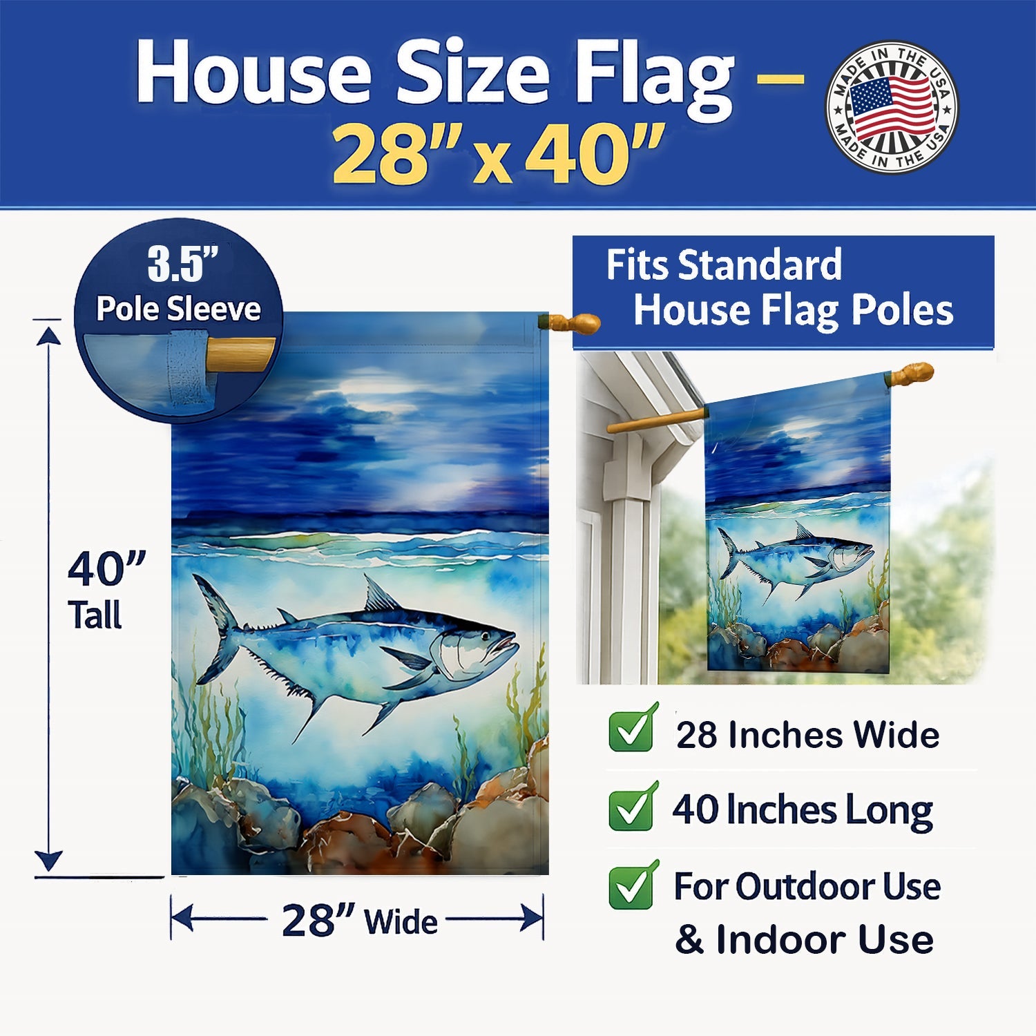 Bluefin Tuna House Flag 28x40 Porch Sleeve Pole Decorative Outside Yard Banner Artwork Wall Hanging, Polyester