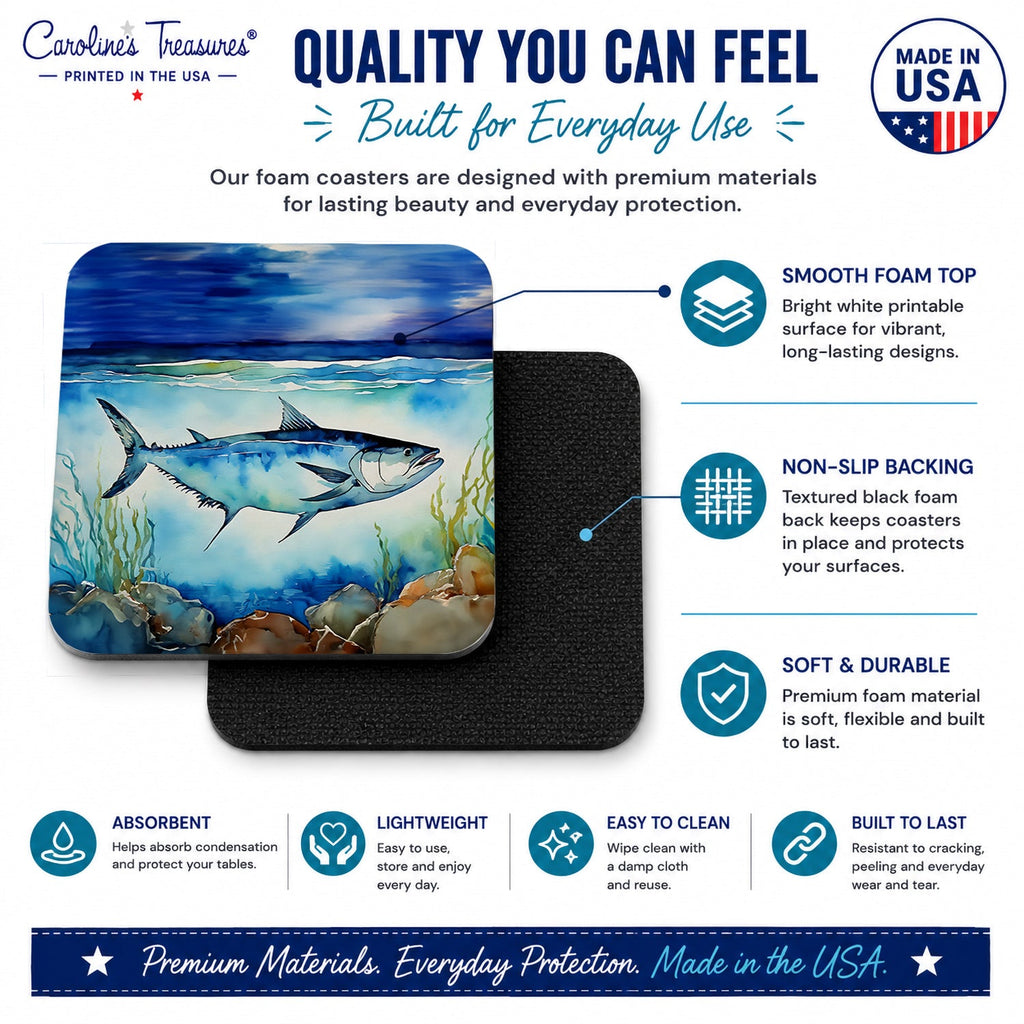 Bluefin Tuna Foam Coasters Set of 4 Cup Coasters for Indoor Outdoor, Tabletop Protection, Anti Slip, Mouse pad Material
