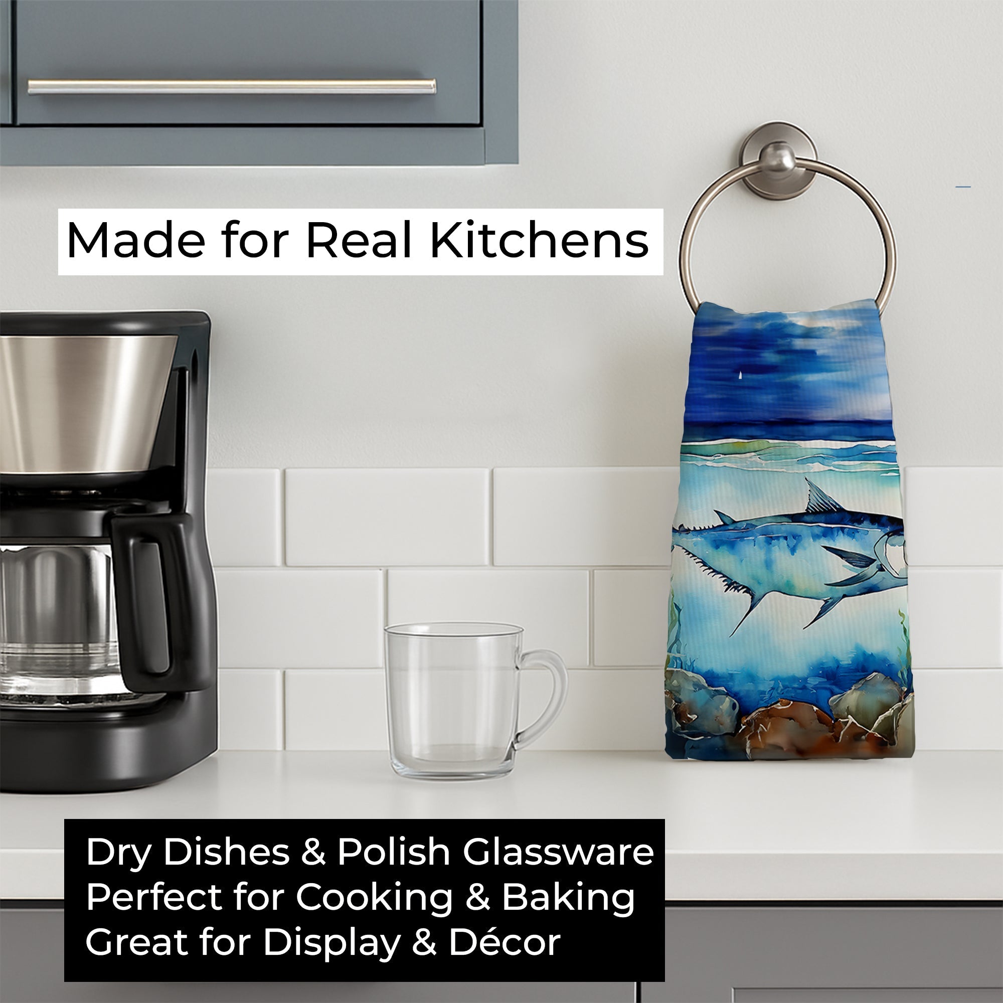 Bluefin Tuna Kitchen Towel Velour Plush Front and Cotton Loop Back Machine Washable
