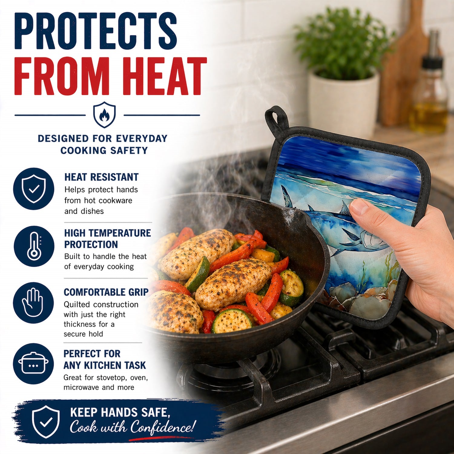 Bluefin Tuna Pot Holder Set of 2 Heat Resistant Quilted Hot Pads 7.5 x 7.5 Inch, Insulated Kitchen Trivets for Cooking & Baking