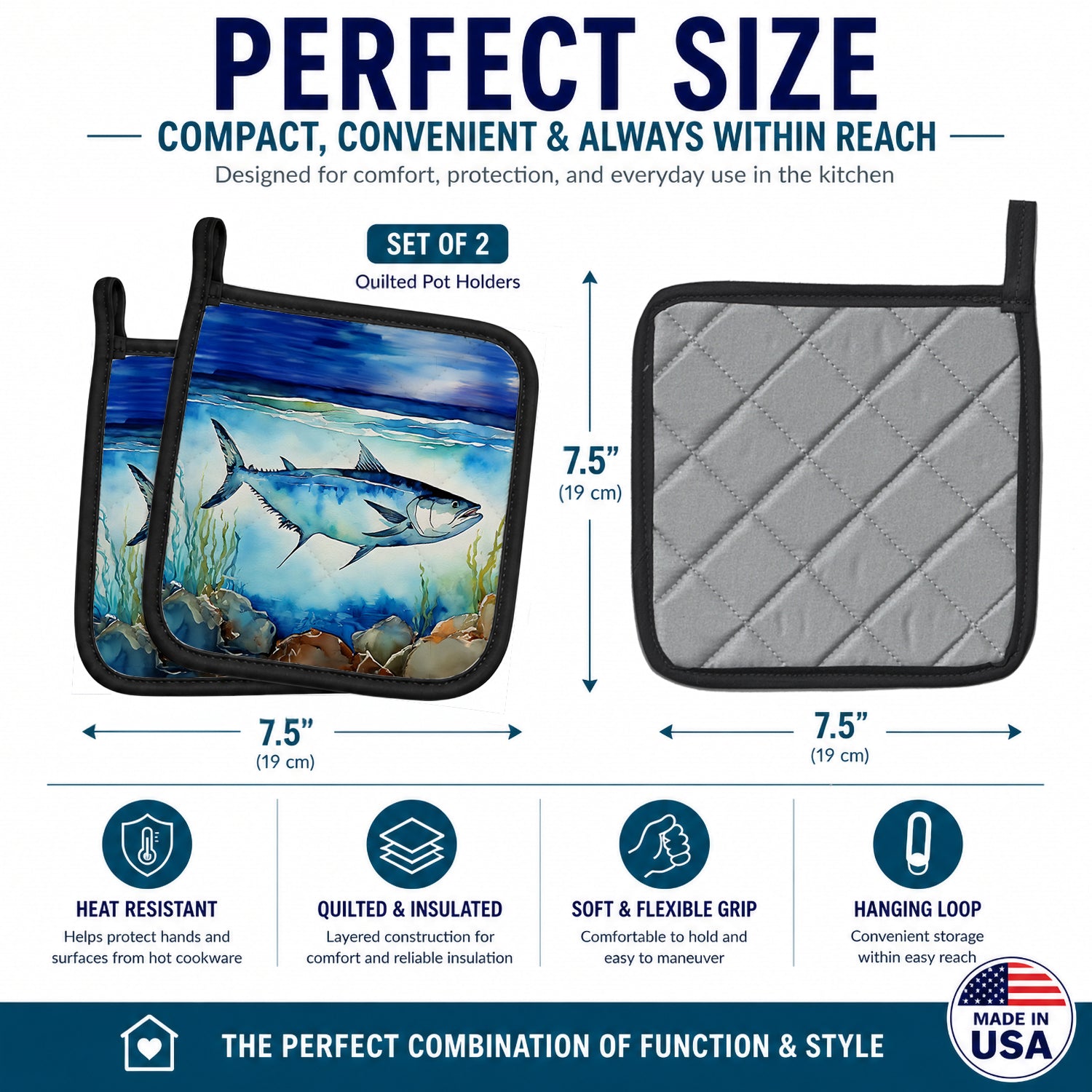Bluefin Tuna Pot Holder Set of 2 Heat Resistant Quilted Hot Pads 7.5 x 7.5 Inch, Insulated Kitchen Trivets for Cooking & Baking